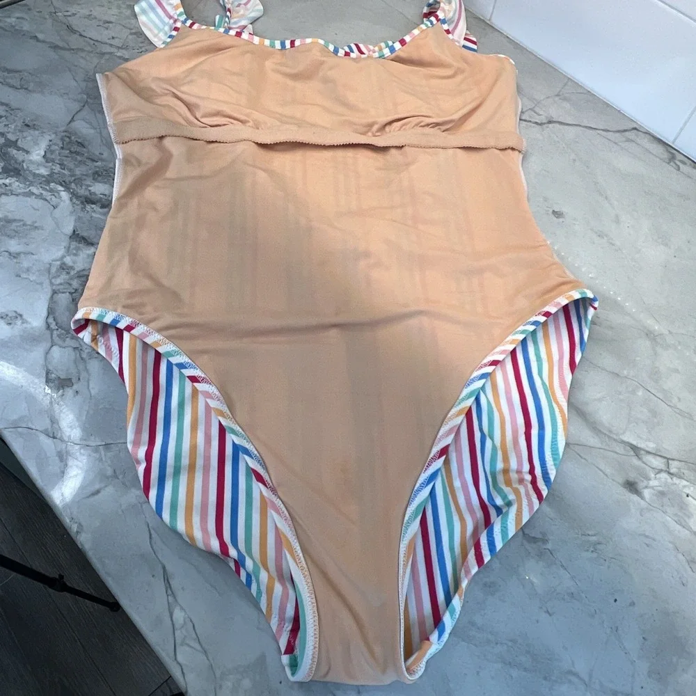 J.Crew One Piece Bathing Suit  Ruffle Trim Color Stripes Unpadded Sz L